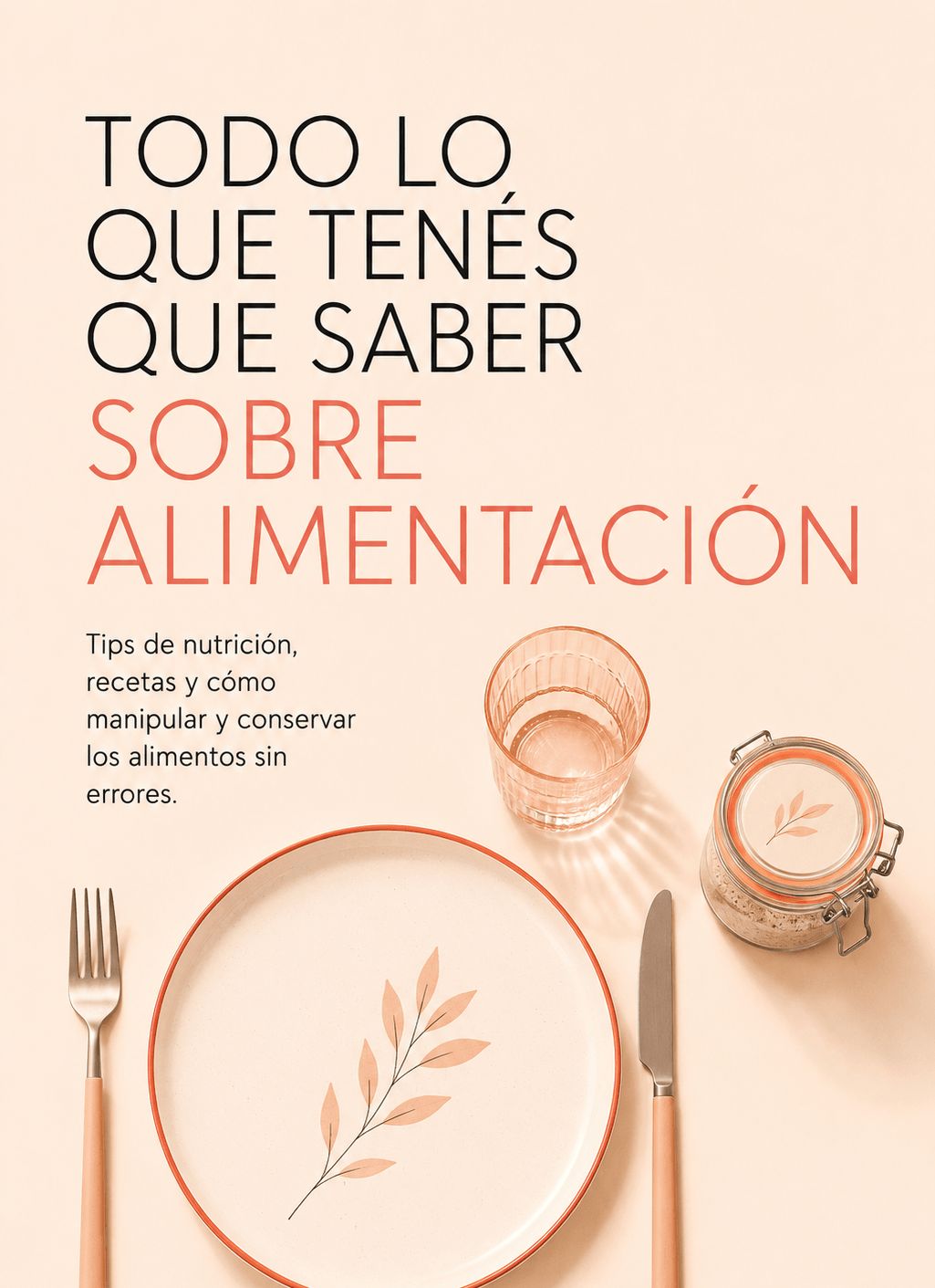 Portada de la guía de alimentación: un plato, un vaso, cubiertos y un frasco vistos desde arriba