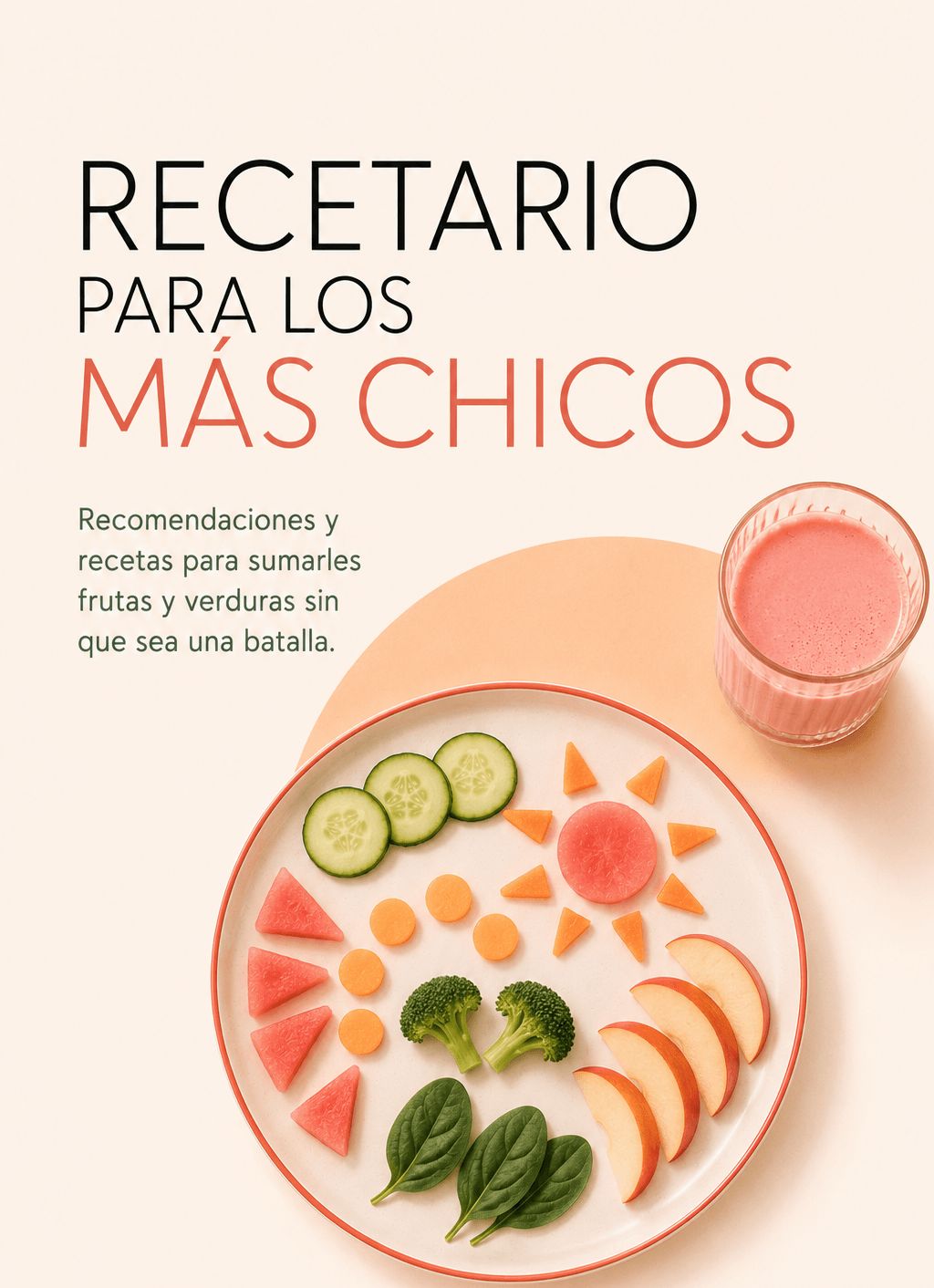Portada del recetario para chicos: un plato con frutas y verduras dispuestas en formas de sol