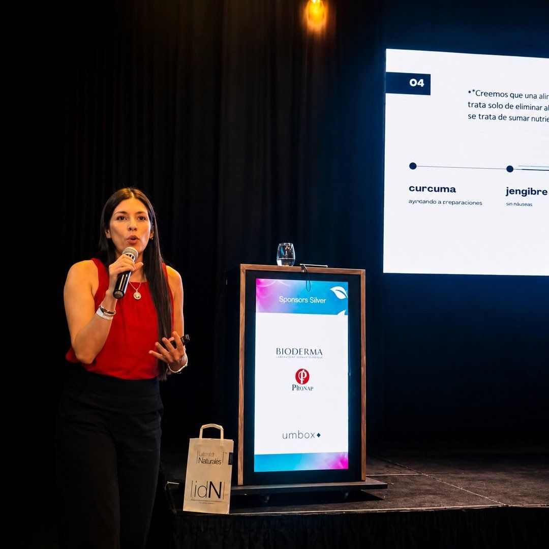 Romina dando una charla con micrófono, frente a la pantalla de su presentación